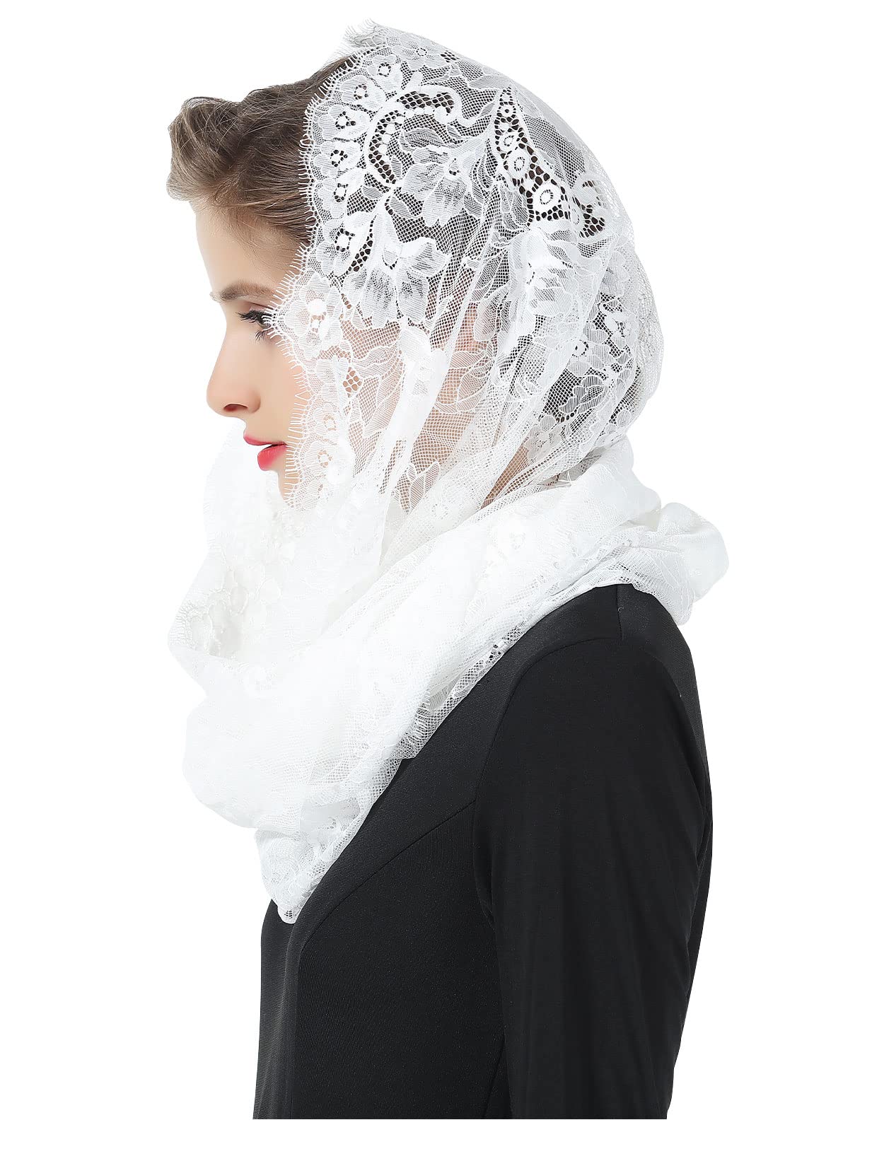 BEAUTELICATE Velo di Pizzo da Sposa Chiesa Cattolica Mantila Infinito Sciarpa Copricapo per Messa In Latino Nero Bianco V101