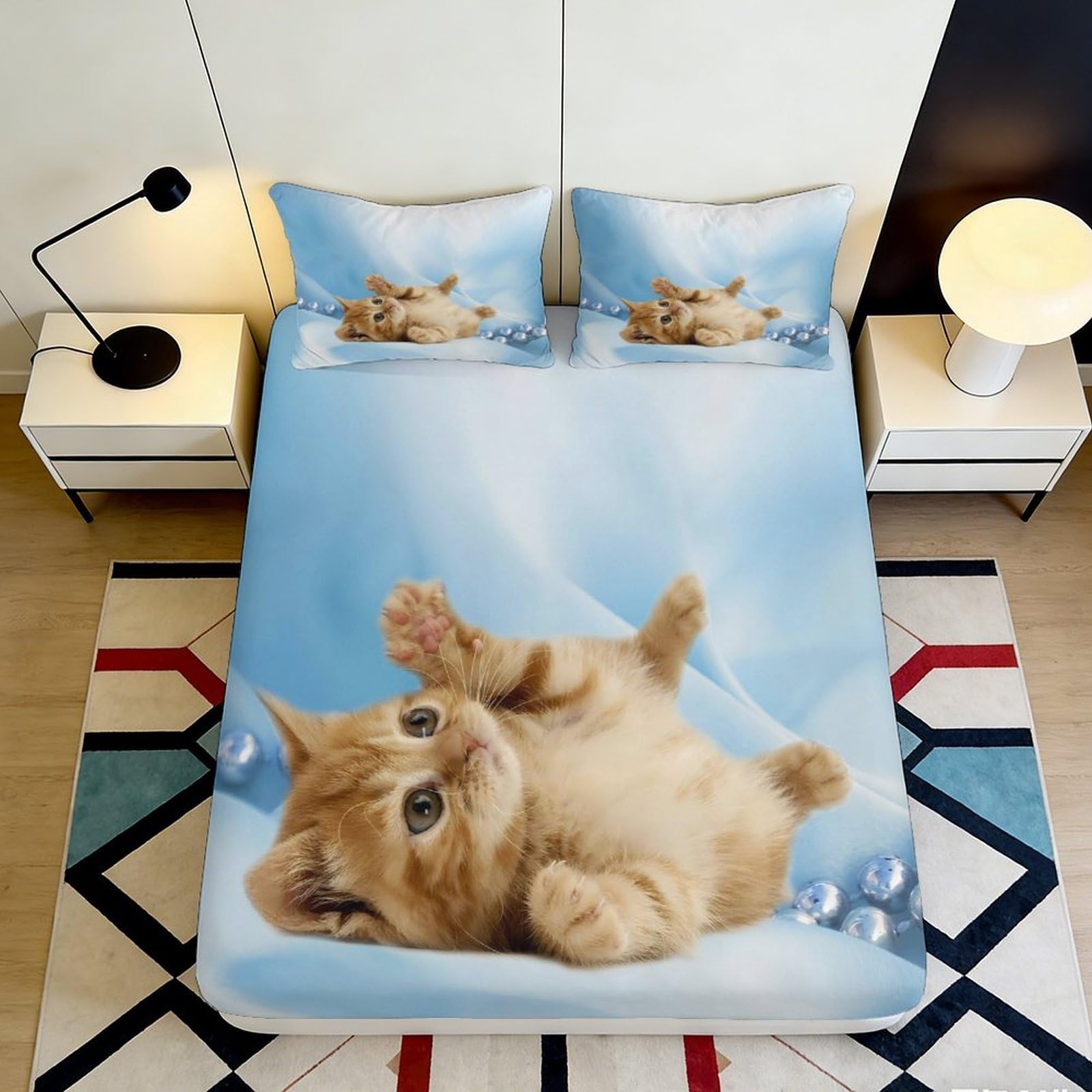 3D Printed Ginger Cat Fitted Sheet Microfiber Soft Anti-Slip Blue Playful Kitten Mattress Cover for Bedroom Dorm Decor 90x200x25cm