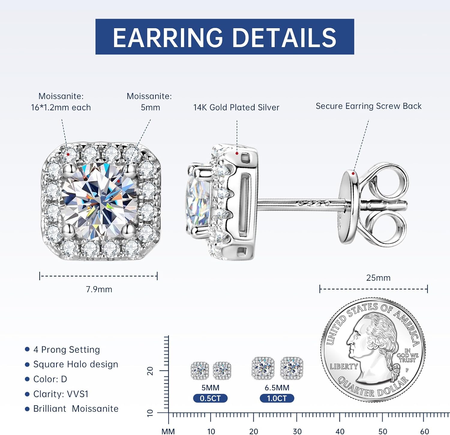 AINUOSHI 1CT Square Halo Moissanite Earrings for Women, D Color VVS1 5mm Lab-Grown Diamond Stud Earrings, 925 Sterling Silver Screw Back, Hypoallergenic Wedding Gift - Image 3