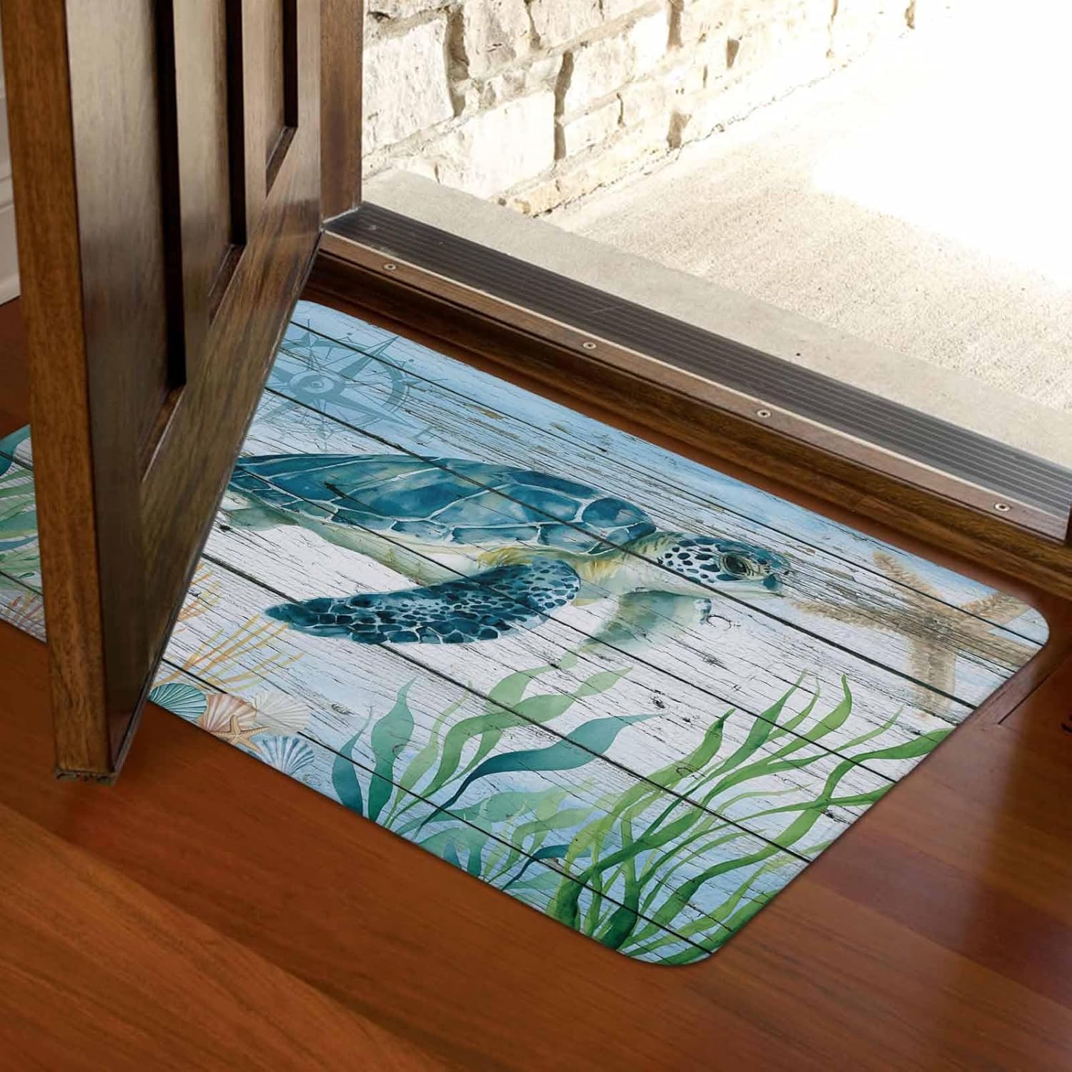 Custom Bed USA 18x30inch Ocean Theme Doormat, Door Rug for Kitchen Bathroom Living Room Indoor, Non-Slip Washable Door Mats for Home Decoration Sea Turtle Starfish Shell with Wooden Background