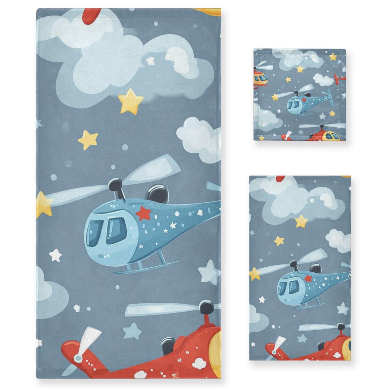 Helikopter Sterne Wolke Silber Dekorative Gesichtshandtücher Set 3-teilig, 1 Badetuch, 1 Handtuch, 1 Waschlappen für Zuhause, Küche, Familie