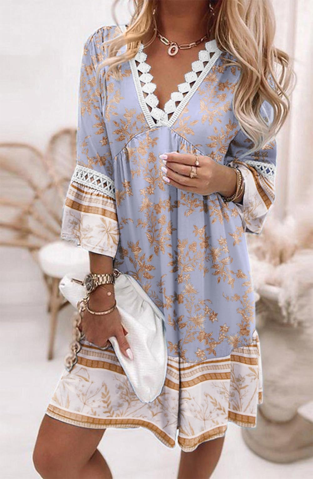 YUTILA Damen Bohemian Strandkleid V-Ausschnitt 3/4 Arm Blumenmuster Mini Tunika Kleid Vintage Ethnostil Sommerkleider 100% Viscose