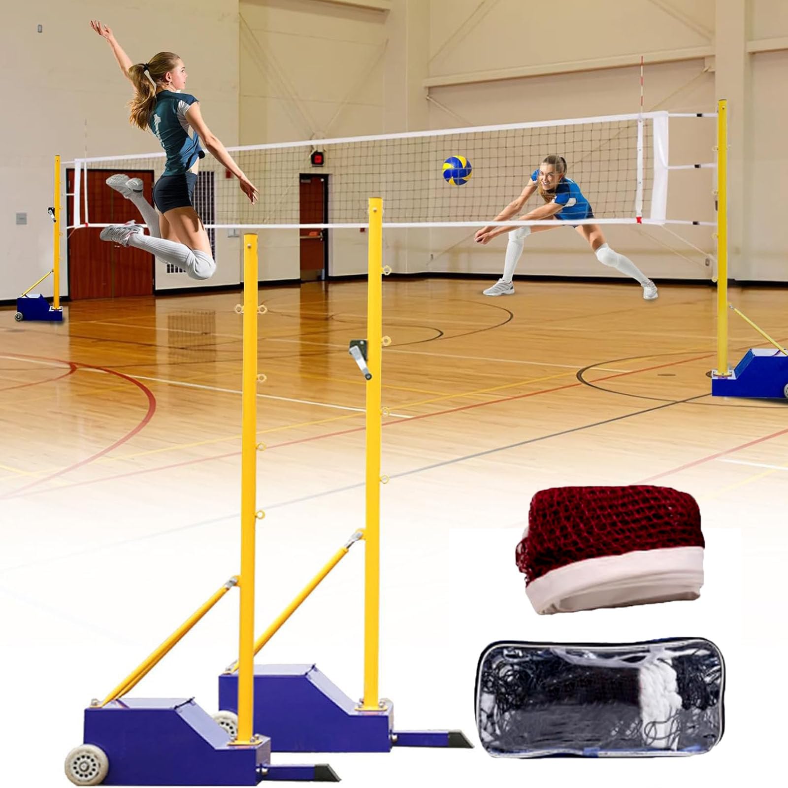 Red de voleibol portátil multibanda con postes estables y base con ruedas ágiles 8