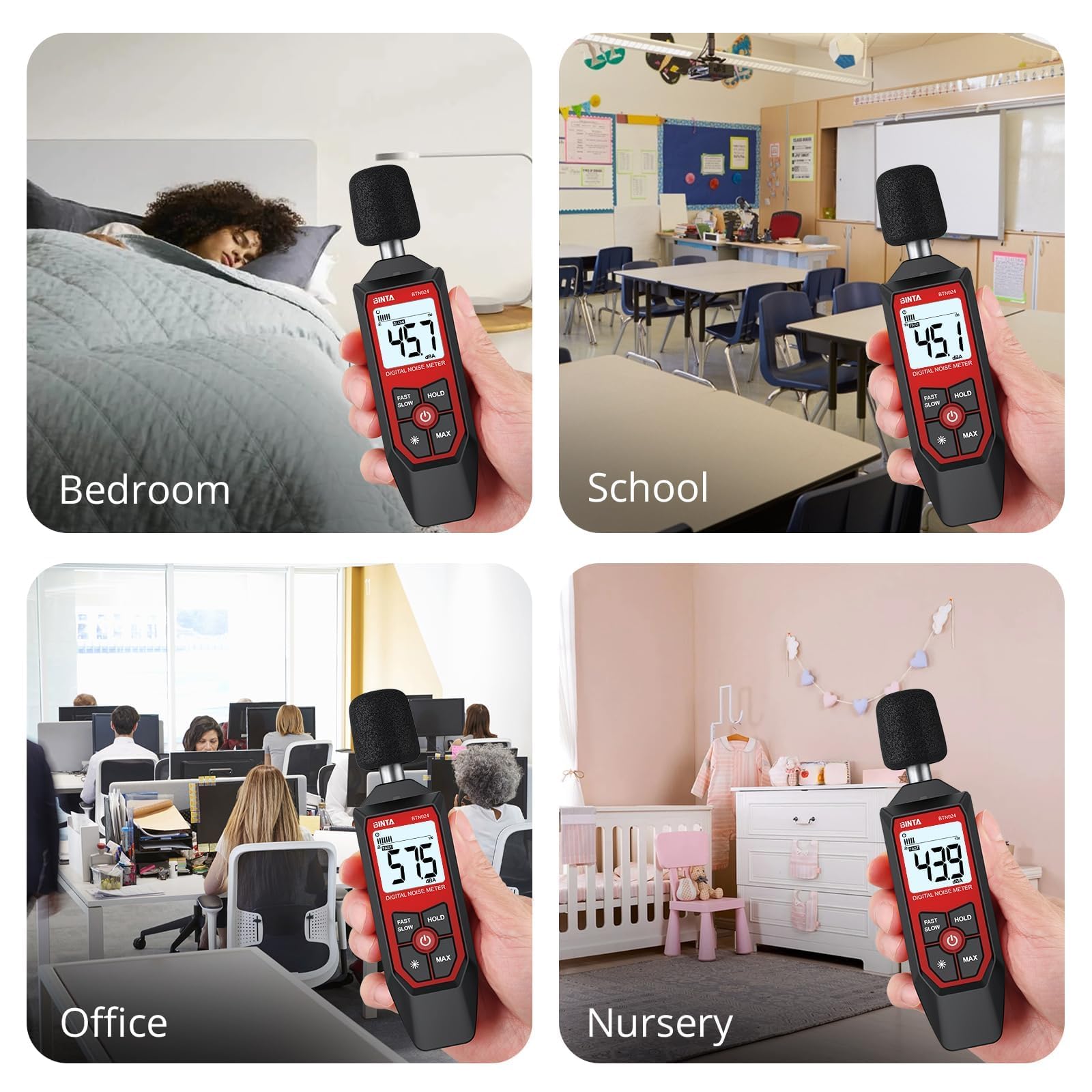 BTNTA Medidor de Decibelios, Medidor Digital de Nivel de Sonido 30-130dB A-Ponderado, Medidor SPL Portátil con Pantalla LCD Retroiluminada, para Casa Oficina Fábrica Vecinos