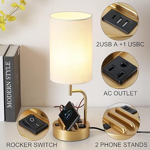 Miniatura 2 de Dreamholder - 2 lámparas de mesa con 3 puertos de carga USB, moderna lámpara de escritorio con toma de corriente alterna y soportes para teléfono,