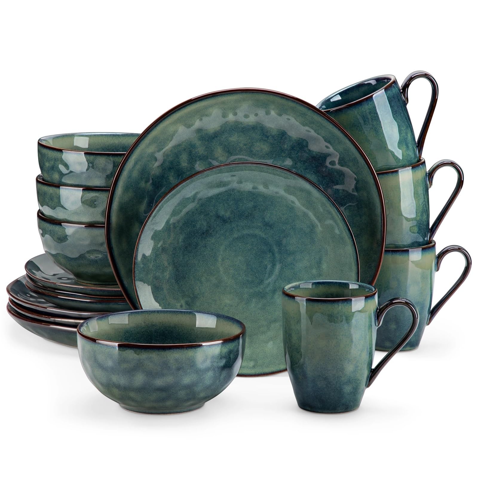 vajilla completa Juego de vajilla con esmalte horno verde estrellado | Vajilla esmaltada en rojo y verde con plato llano, plato de postre, cuenco y taza(48-PCS GREEN)