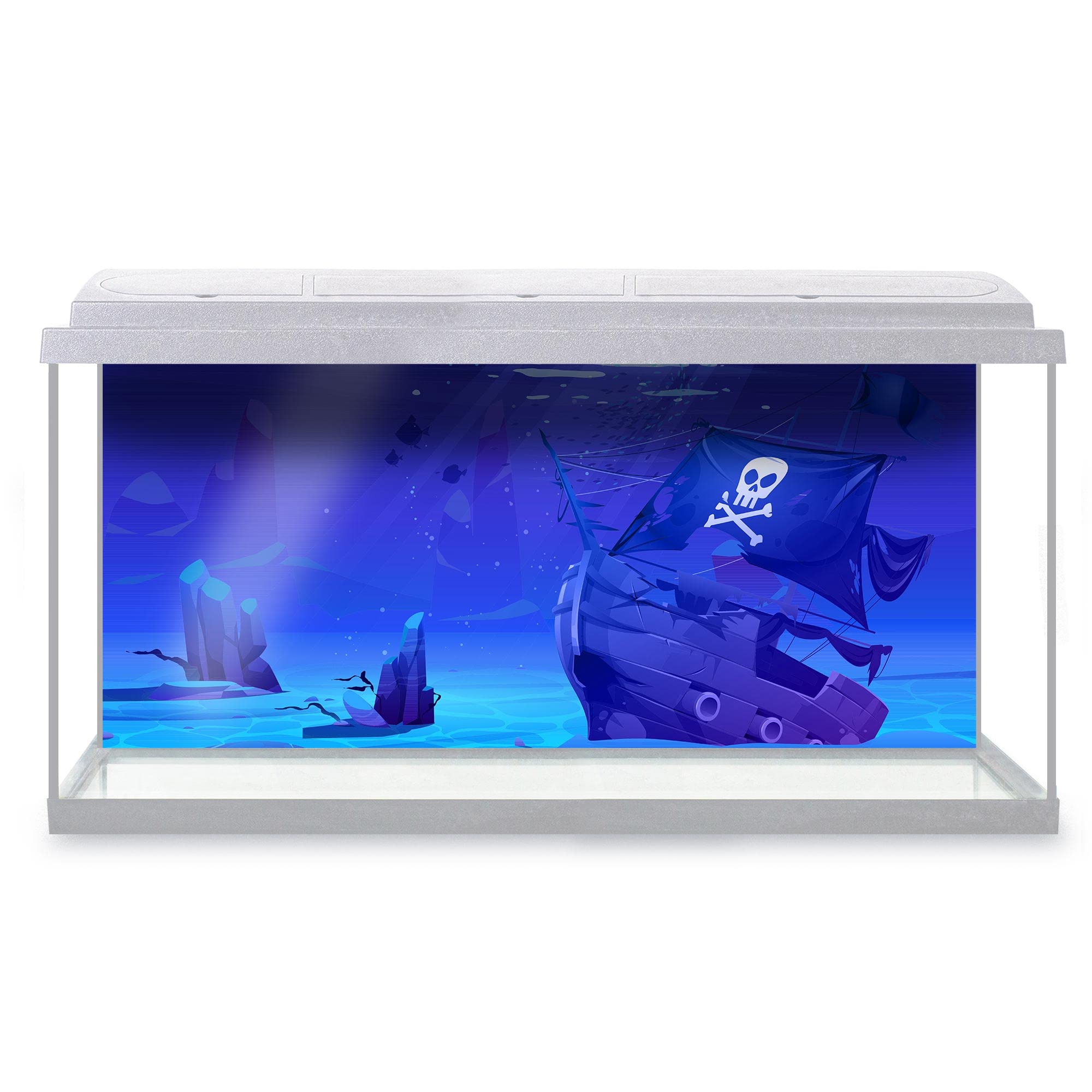 Aquarium Fish Tank Background 123x54 cm - Pirate Ship Sunken Filibuster Vessel Wooden Boat Jolly Roger Flag Sandy Bottom Cartoon Static Cling Vinyl Vivarium Terrarium External Application #500127 — image 1