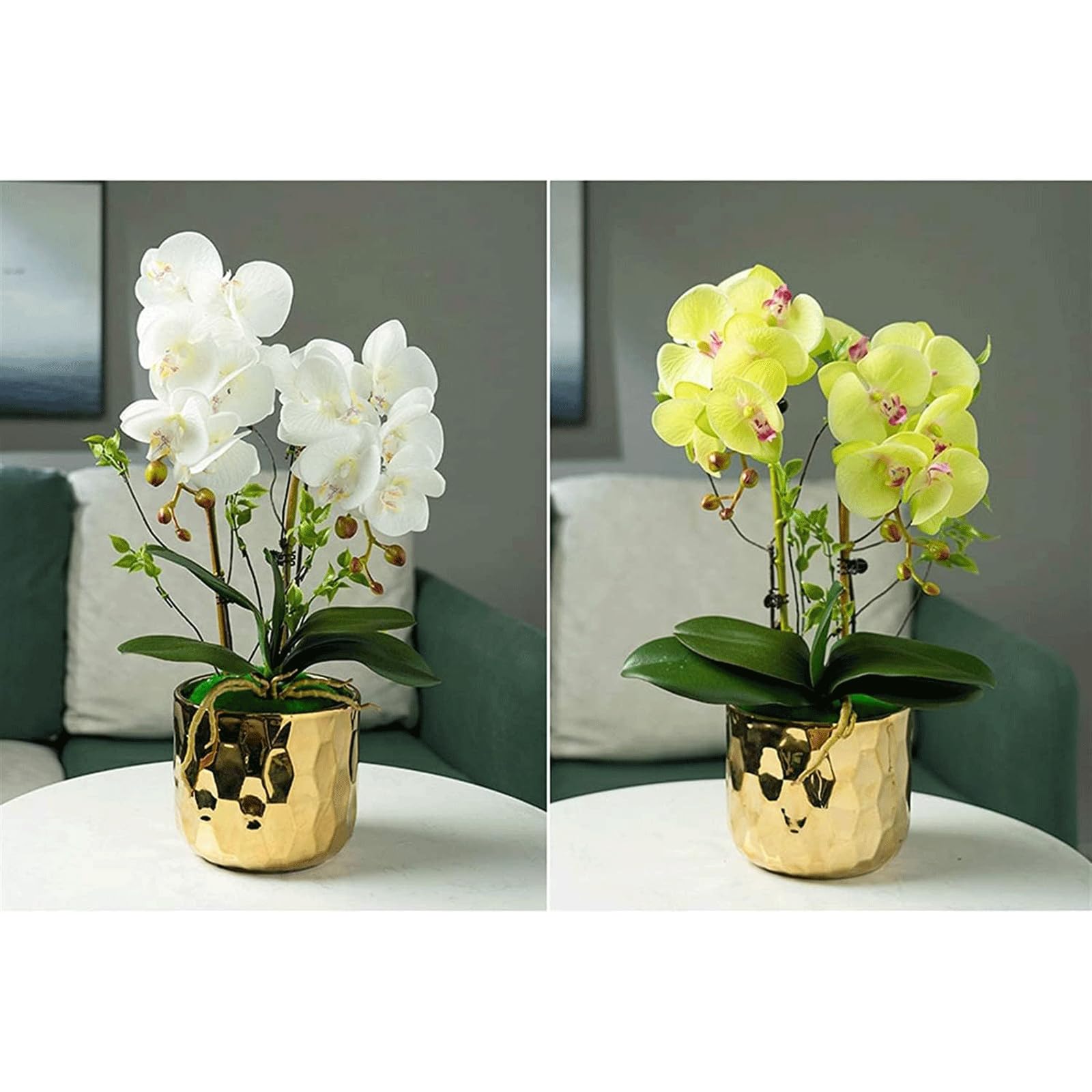 Orquídea Phalaenopsis Artificial de 48 cm en Elegante Maceta de Porcelana Dorada. Ideal para decoración del hogar, Bodas u Oficina. Aspecto Natural y fácil Mantenimiento.