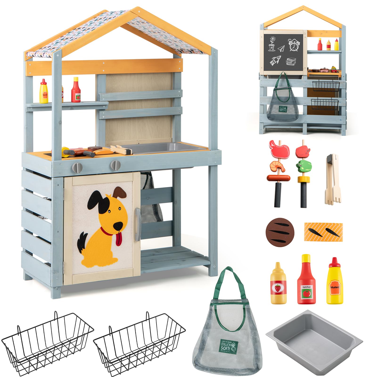 HOMASIS 3 in 1 Matschküche Kinder Outdoor, Kinderküche mit BBQ-Grill Tafel Waschbecken Spüle, doppelseitige Spielküche mit 17 Zubehör, Spielzeugküche aus Tannenholz, Gartenküche für Kinder ab 3 Jahren