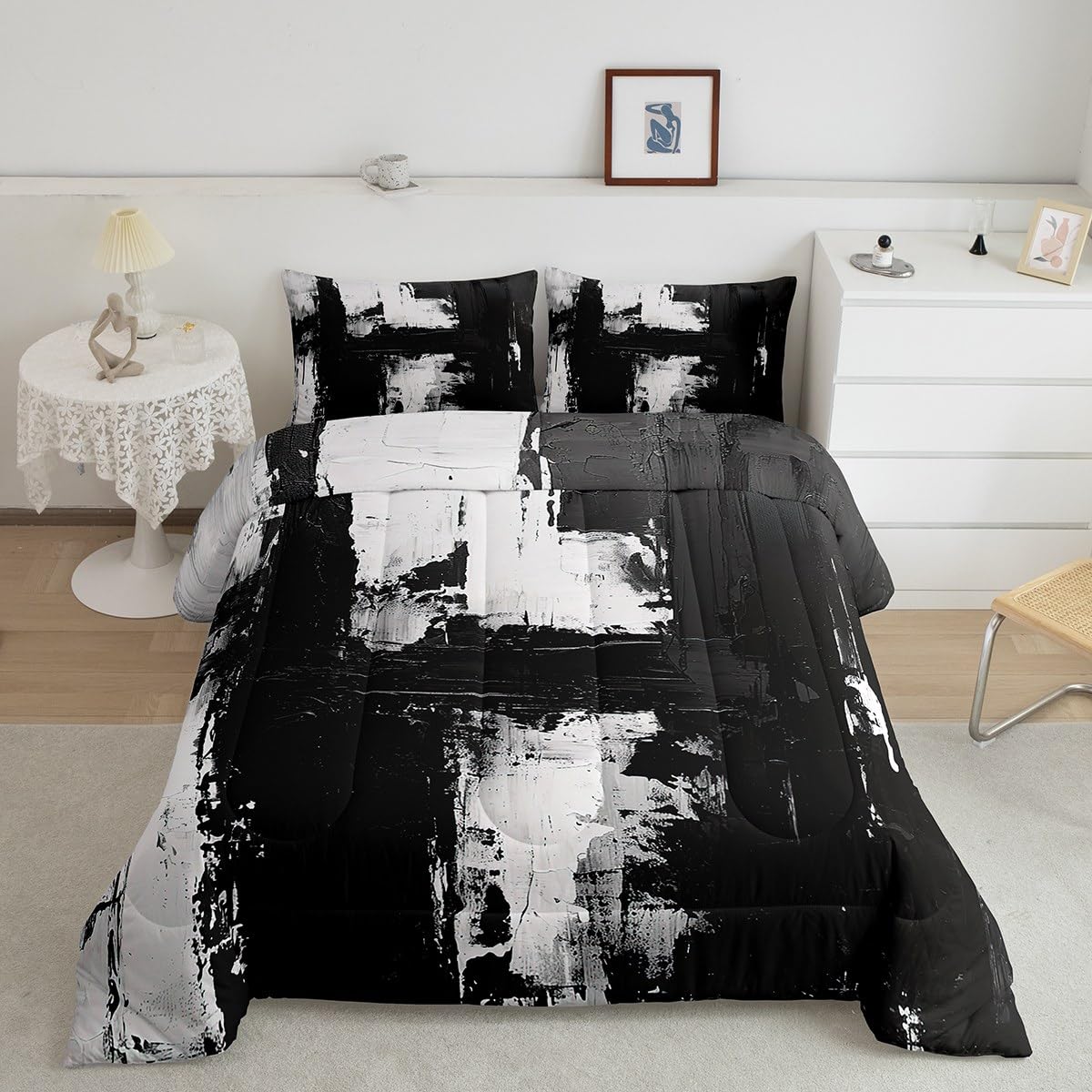 jejeloiu Black and White Abstract Comforter Set for Kids Boys Girls Modern Art Comforter Full Size Bedding Set Room Decorations Geometric Duvet Set Quilt Set