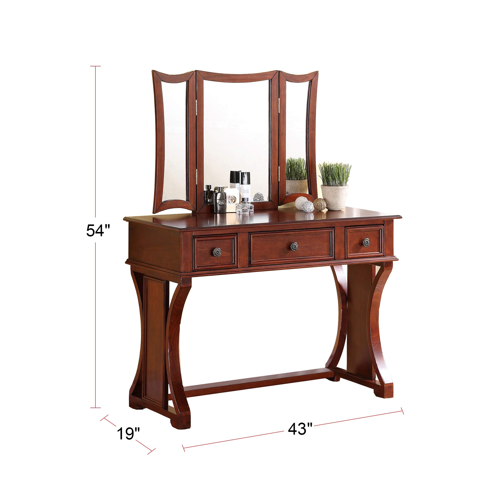 Poundex Bobkona Edna Vanity Set with Stool, Cherry Buy Online in