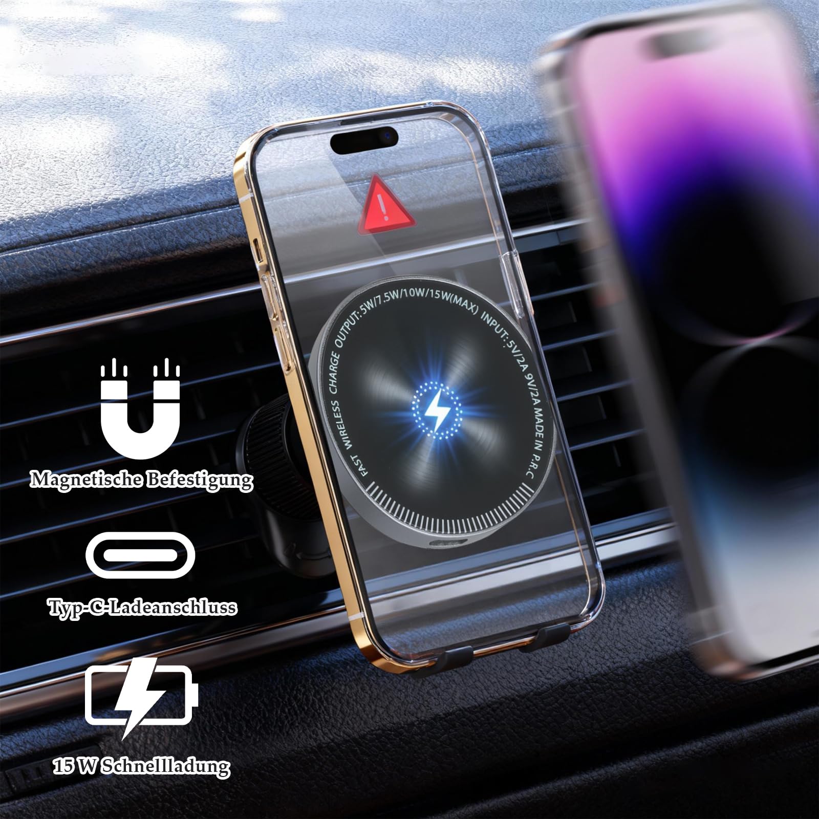 TNSLAND 15 W samochodowy uchwyt samochodowy z funkcją ładowania – efekt magnetyczny, uchwyt samochodowy na telefon komórkowy z funkcją ładowania, ładowarka wentylacyjna, bezprzewodowa