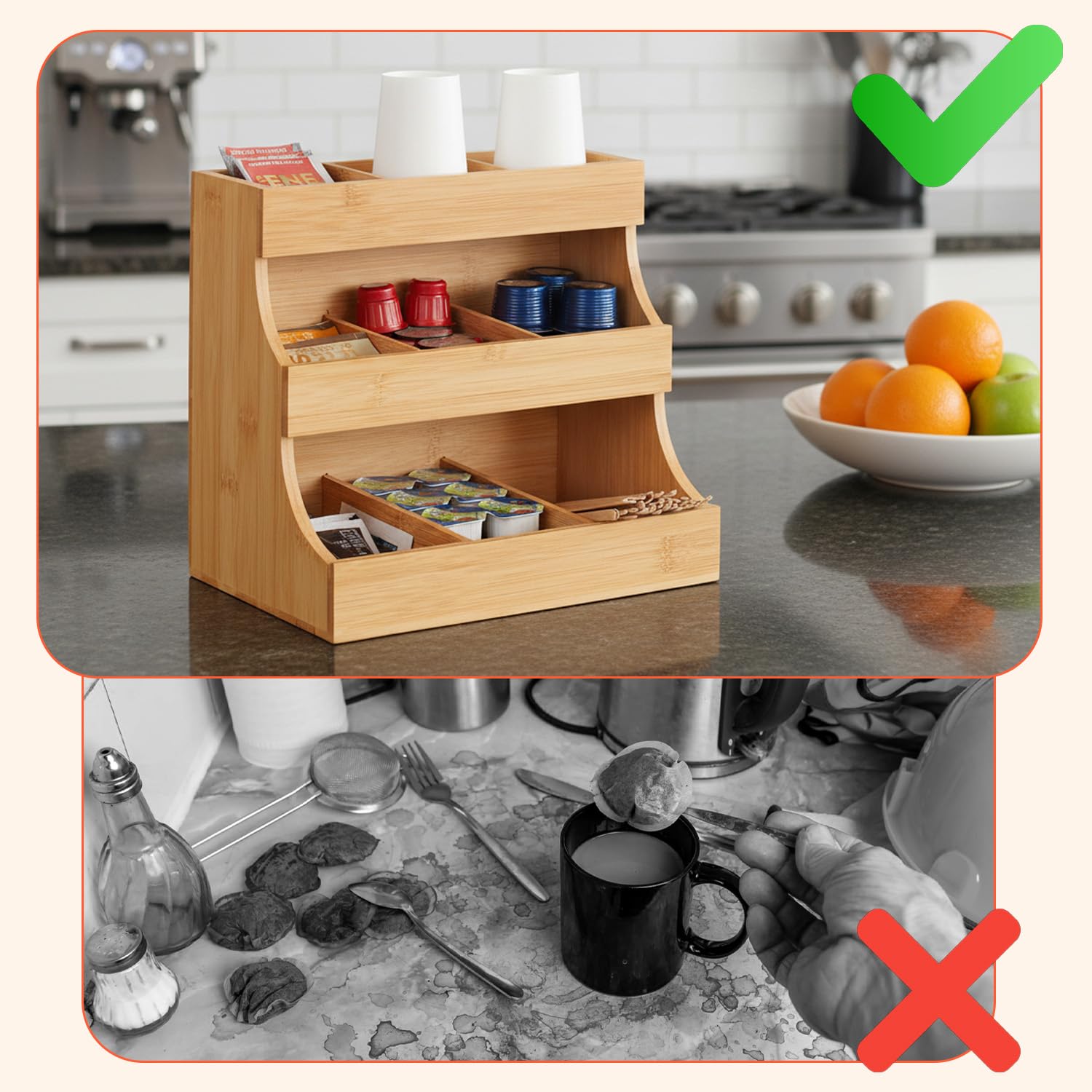 Avilia Organizer in Bambù con 9 Scomparti – Porta Capsule Caffè e Portacialde, Alzatina Cucina Salvaspazio per Bustine Tè, Tisane e Zucchero – Contenitore Multiuso per Cucina, Ufficio e Bagno