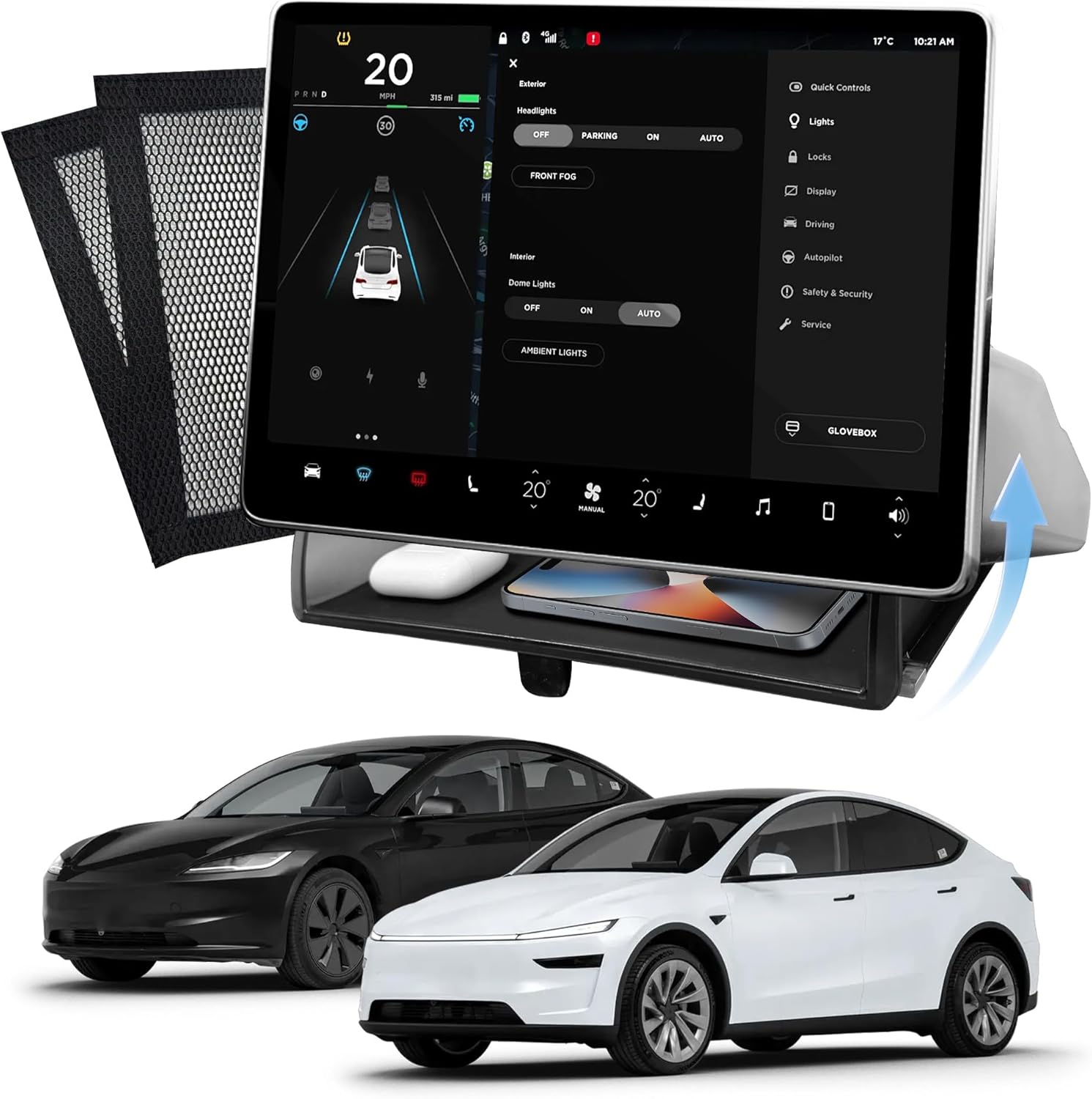 Hidden Under Screen Storage Box for Tesla Model Y(2025) & Model 3 (2024-2025) – Openable Center Console Organizer with Anti-Slip Pad, Tesla Accessories