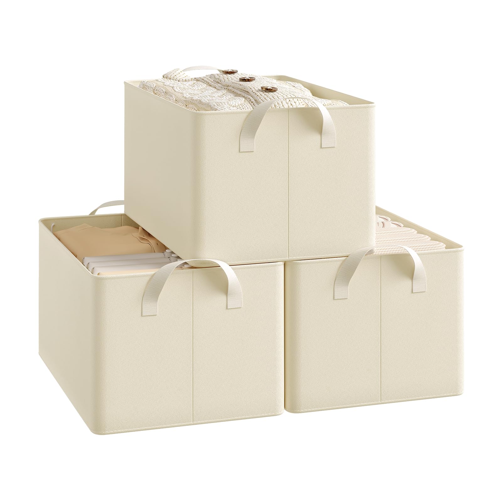 WOLTU Aufbewahrungsbox 3 Stück, aus Polyesterstoff, für Schlafzimmer, Arbeitszimmer, Wohnzimmer, Organizer Box mit Griffen, für Kleidung Spielzeug, faltbar, Creme, 37,5x20x26 cm