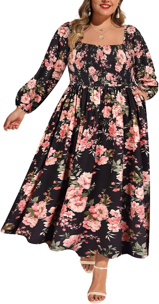 RITERA Plus Size Dresses for Curvy Women Square Neck Fall Long Sleeve Floral Smocked Maxi Dress with Pocket XL-5XL