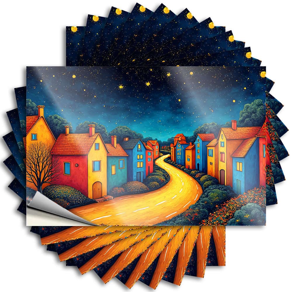 Emo Bottle Decal | A Colorful Village Under A Starry Night Sky Unique Durable Vinyl Sticker Easy Apply for Paw(12X18CM)