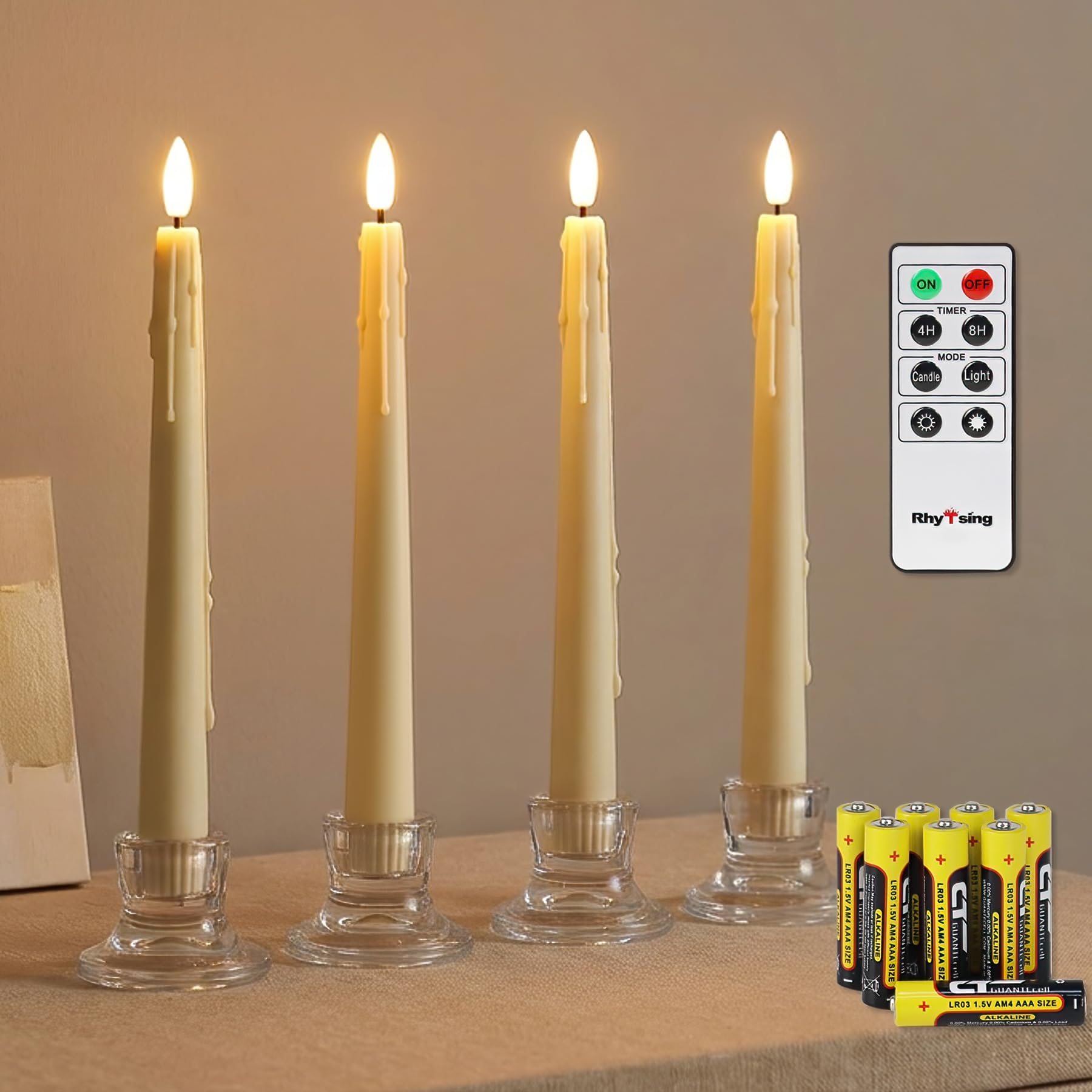 Rhytsing Ivory Rubber Plastic 4 Natural White Flameless Taper Candle With Remote,Battery Operated Led Taper Dinner Candles With Timer, Wax Dripping Design, 8 Batteries Included - H 24.5Cm