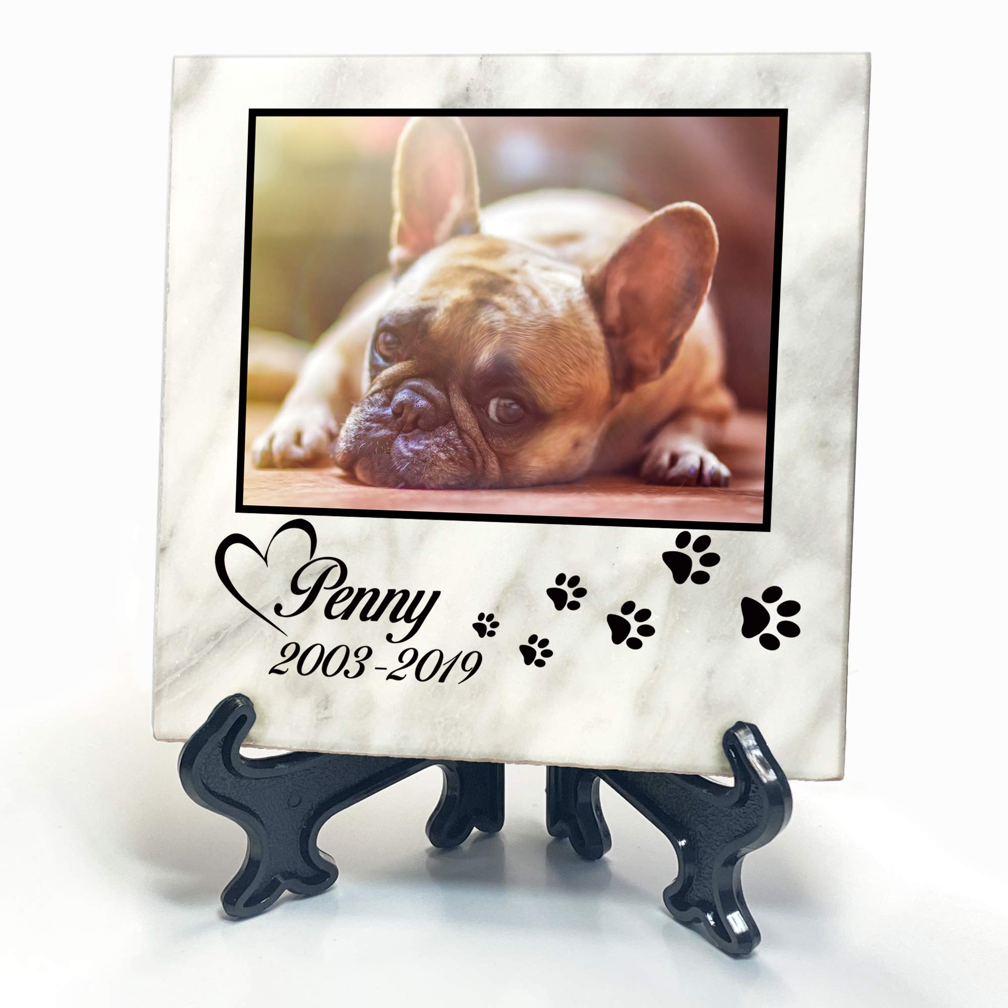 TULLUN Personalised Memorial White Marble Stone Plaque + Stand For Pet Cat Dog Frame Paw Grave Marker - Size |4" x 4" or 10 x 10 cm|- Photo and Paw Print — image 1