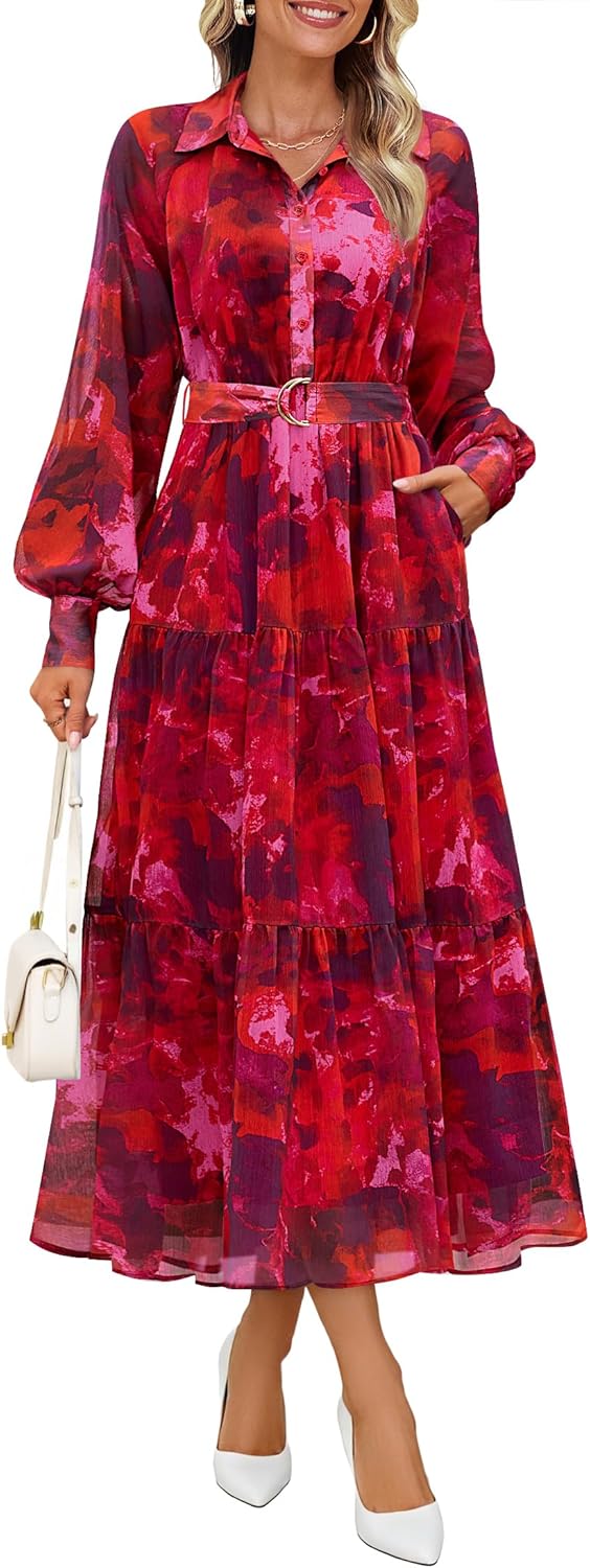 ZESICA Women's Spring Floral Long Sleeve Maxi Dresses 2026 Casual Button Belted Chiffon Boho Wedding Guest Party Dress