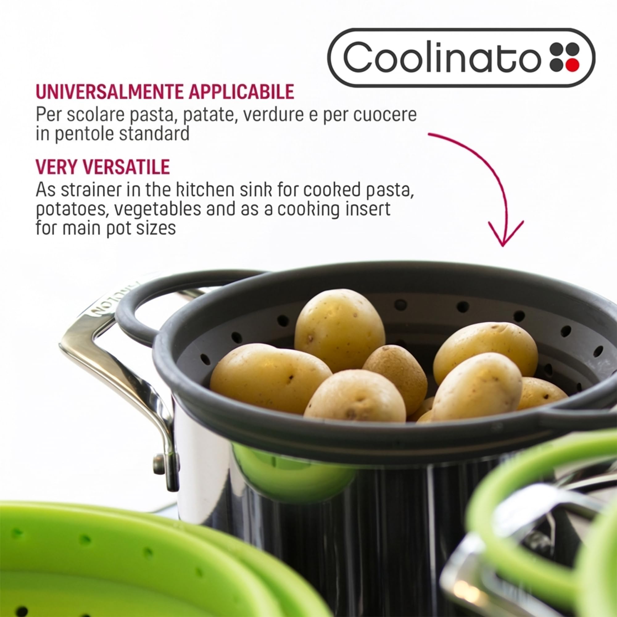 Coolinato – Scolapasta silicone pieghevole 20 cm grigio – Colino per pasta, verdura e frutta - Colapasta per lavastoviglie, senza BPA e termoresistente fino a 230°C - Setaccio salvaspazio richiudibile