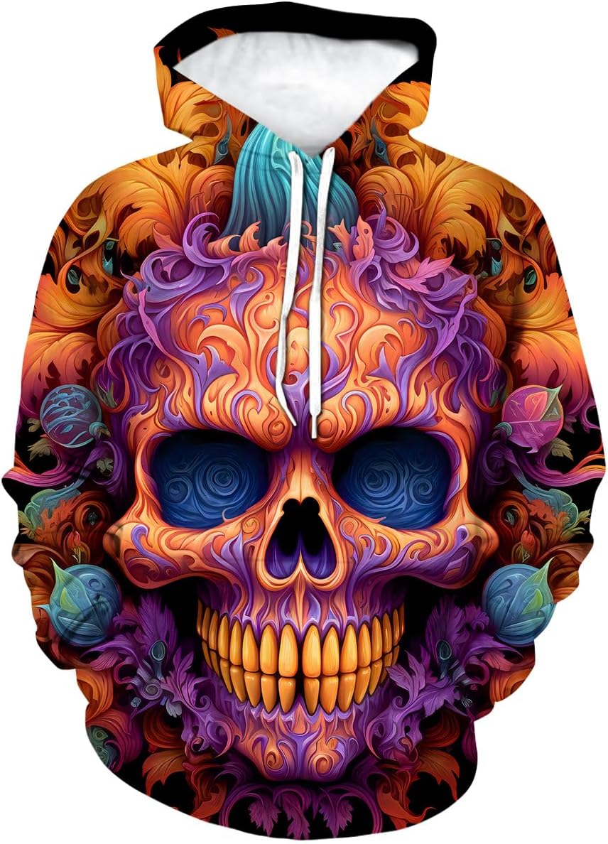 Classic 3D Halloween Pumpkin Skull Cool Graphic Hoodies Hooded Colorful Halloween Skeleton Sweatshirts, Small, Blue