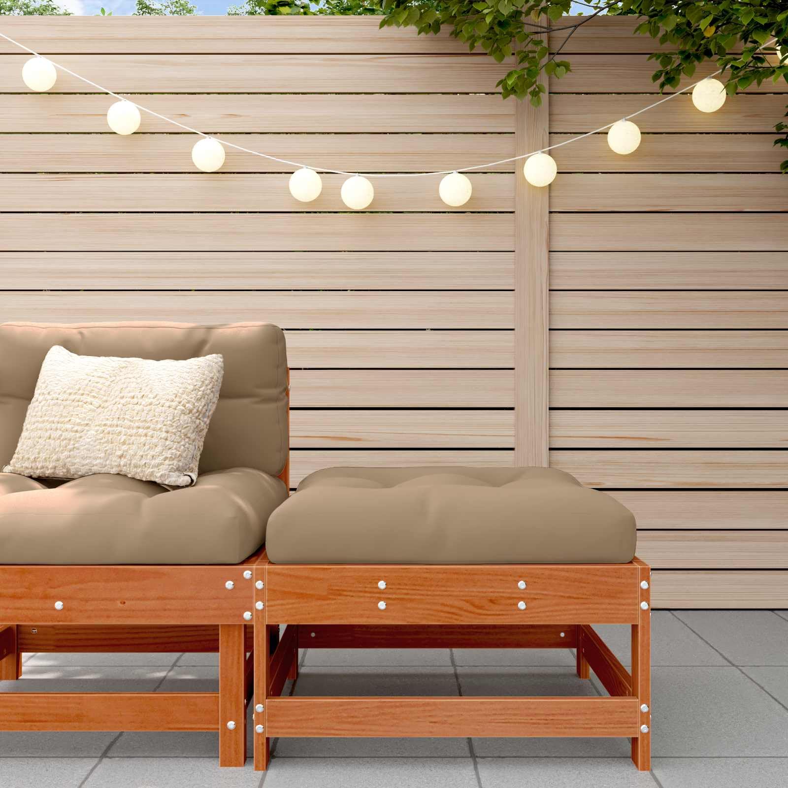Reposapiés de jardín con cojines, elemento modular de madera de pino maciza, color marrón cera, 62 x 62 x 32 cm, versátil mueble de exterior para patio, balcón y jardín