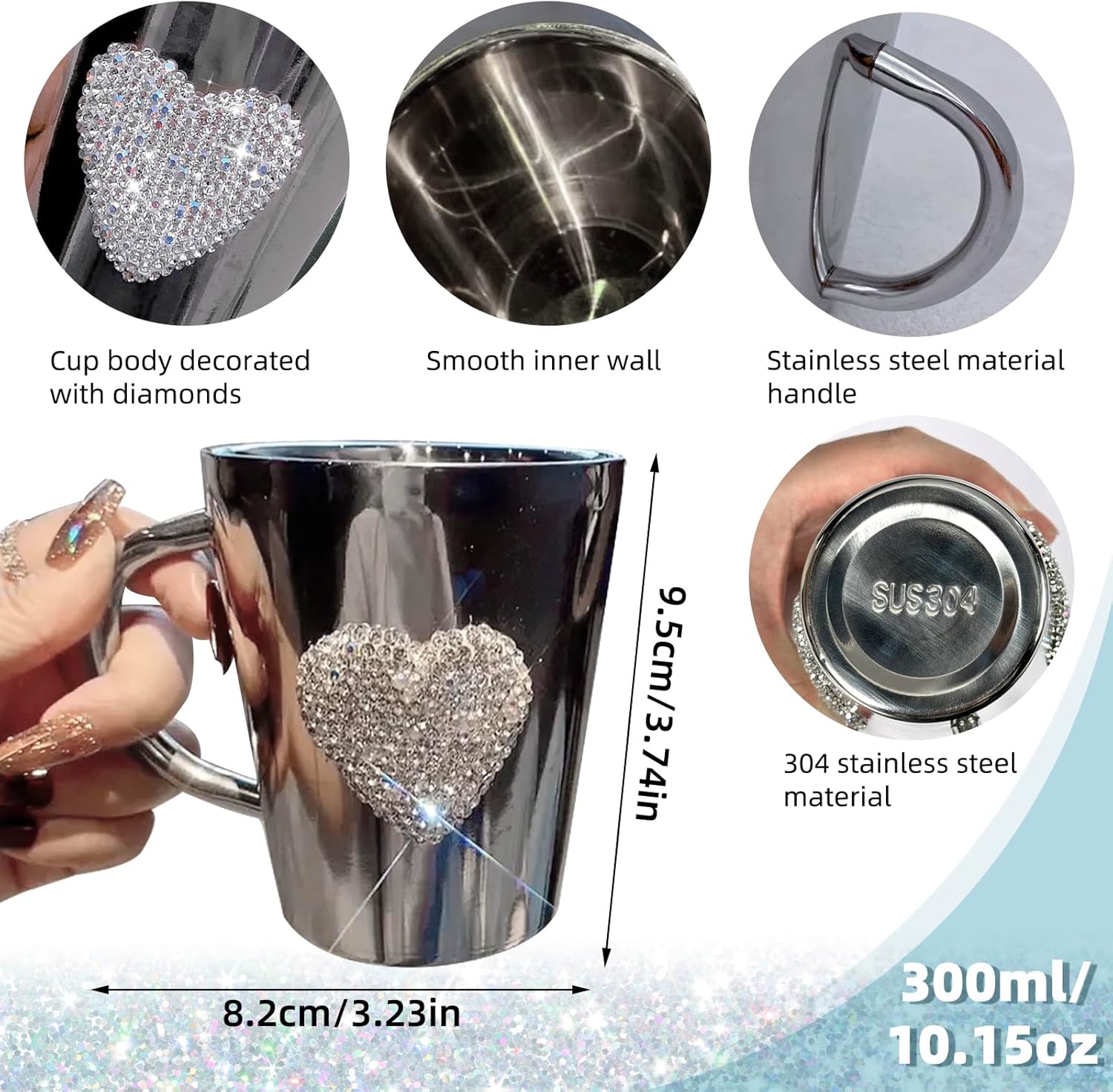 Heart-Shaped Crystal Rhinestone Stainless Steel Coffee Mug, Small Camping Mugs with Handle Durable and Reuseable Mug Cup for Water,Iced Coffee,Milk,Tea,Juice - Image 4