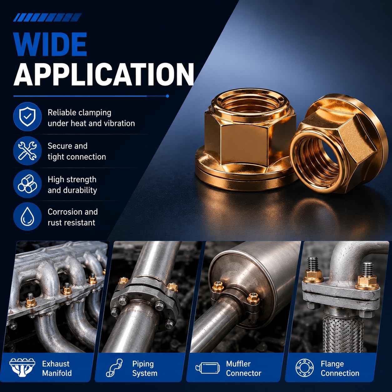 30PCS M8 Exhaust Manifold Hex Nuts M8×1.25 Copper Plated Self-Locking Flange Seal Nut Kit OEM Replacement #A1201420072 Header Exhaust Manifold Nuts Universal Fit Cars Trucks