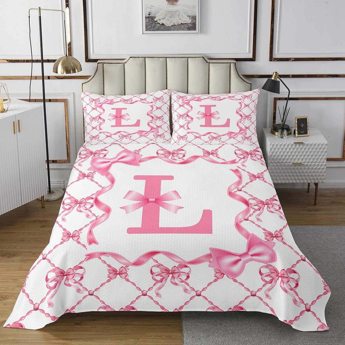 Erosebridal Kids Bowknot Bedspread Sets Twin Size for Girls Initial Letter L Coverlet Set for Mom/Daughter/Sister/Girlfriend Pink Bow Bed Set with 1 Pillow Case Bedroom Decor