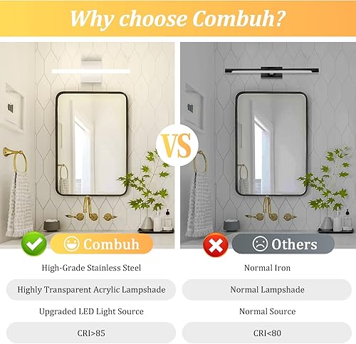 Miniatura 8 de Combuh Barra de luz LED para tocador de baño, 24 pulgadas, 14 W, IP44, cromada, brillante, sobre espejo, apliques de pared para interiores, modernos