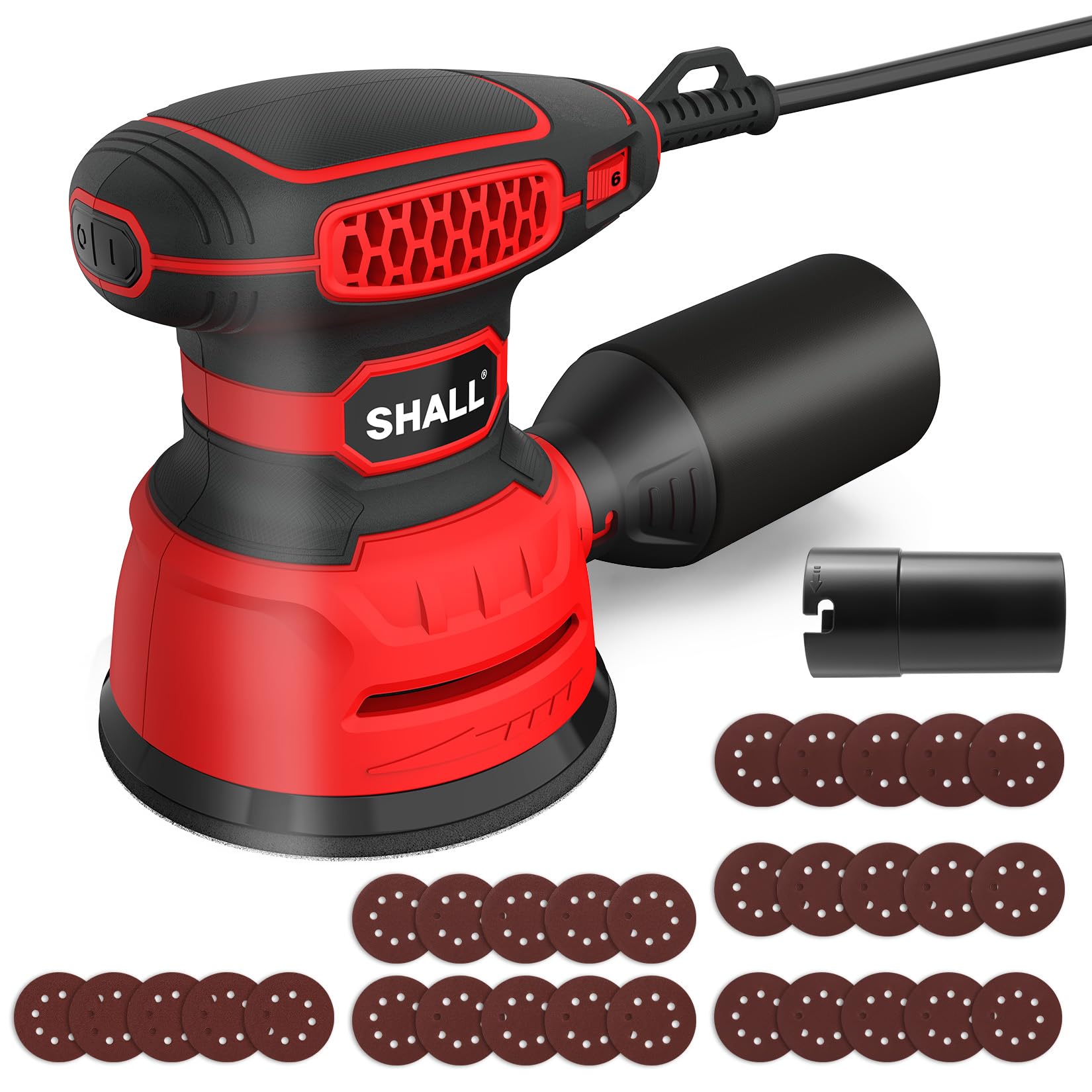 Shall Random Orbital Sander 350W,With 30 Pcs Sandpapers, 6 Variable Speed 13000Rpm, 125Mm Hand Electric Tool, Dust Removal Function，Suitable For Sanding, Polishing, And Woodworking.