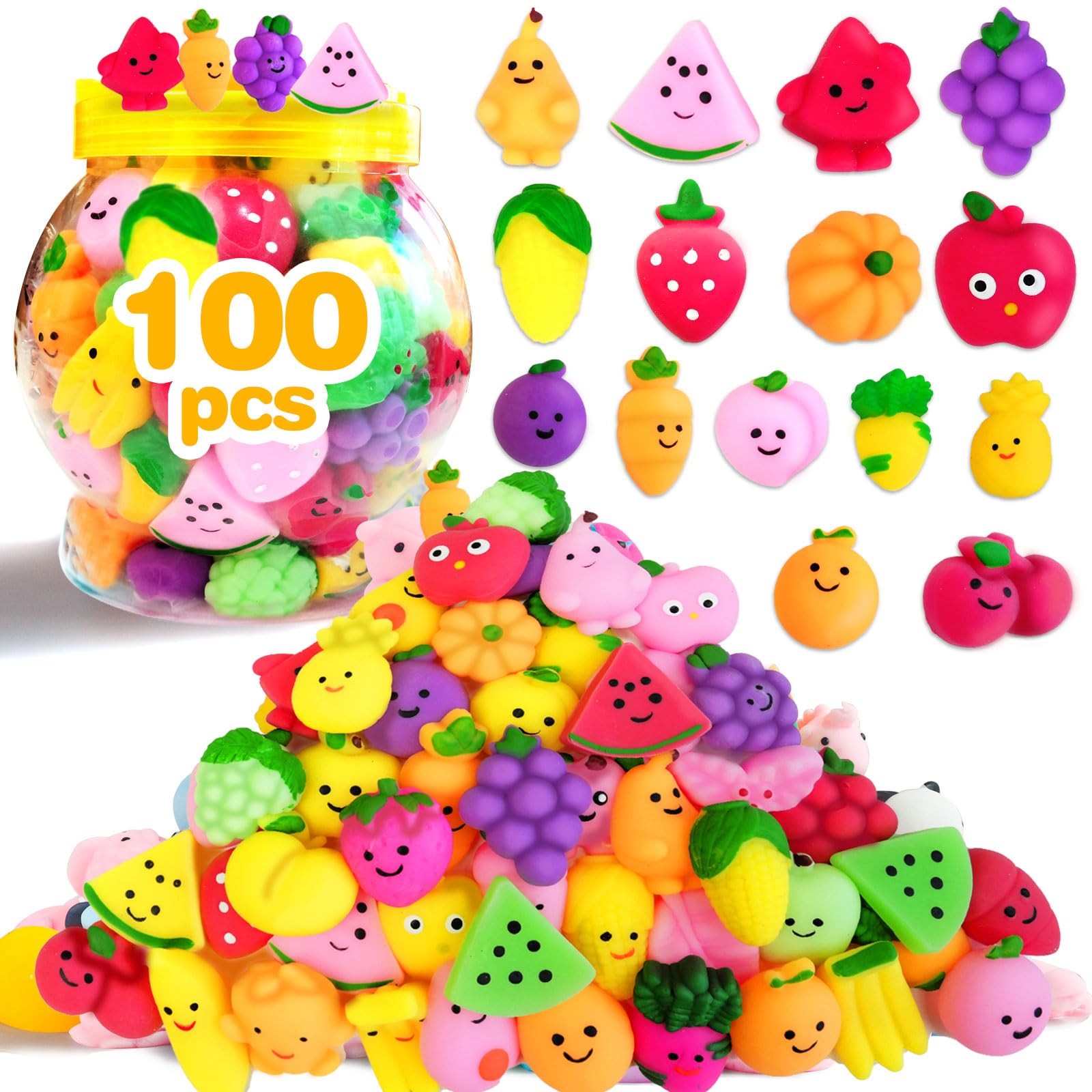 LIKYMO Mochi Squishy Toys Set, 100 PCS Mini Kawaii Squishies, Stress Relief Fidget Toys Party Bag Fillers for Kids Boys Girls, Birthday Return Gifts Party Favours (fruit)