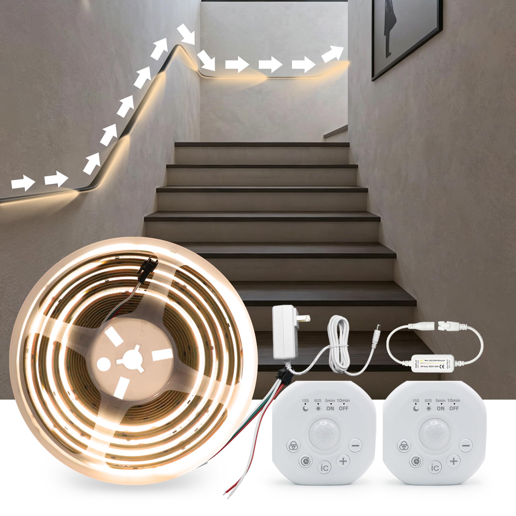 Photo 1 of 2 Motion Sensor Indoor COB LED Stair Light Strip with Timer & Scene Change Delay Button, Dual Sensor Handrail Stair Lights, Mini LED Controller for Hallway & Walkway (Warm White-3000K, 32.8FT)