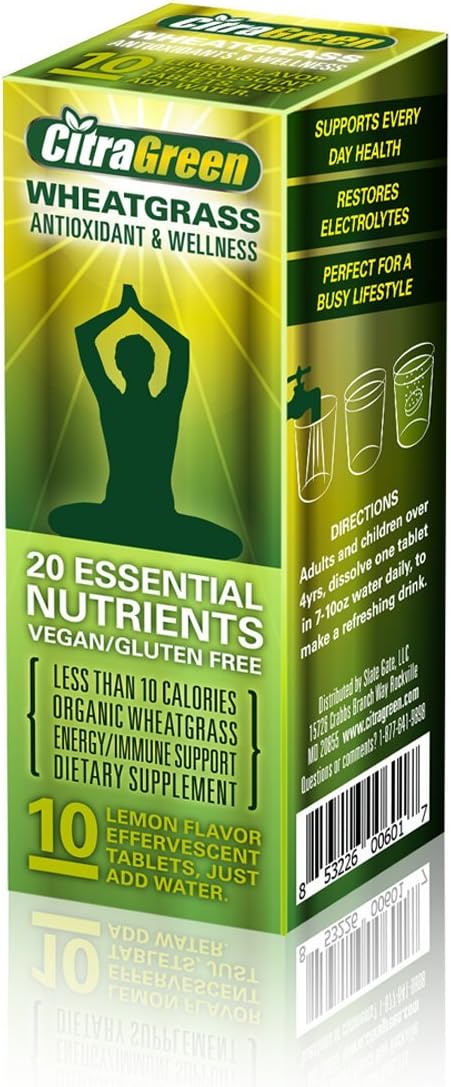 CitraGreen® Wheatgrass Effervescent Multivitamin & Minerals, 100% Vitamin D, Vitamin B & Vitamin C, (10 Tablets)