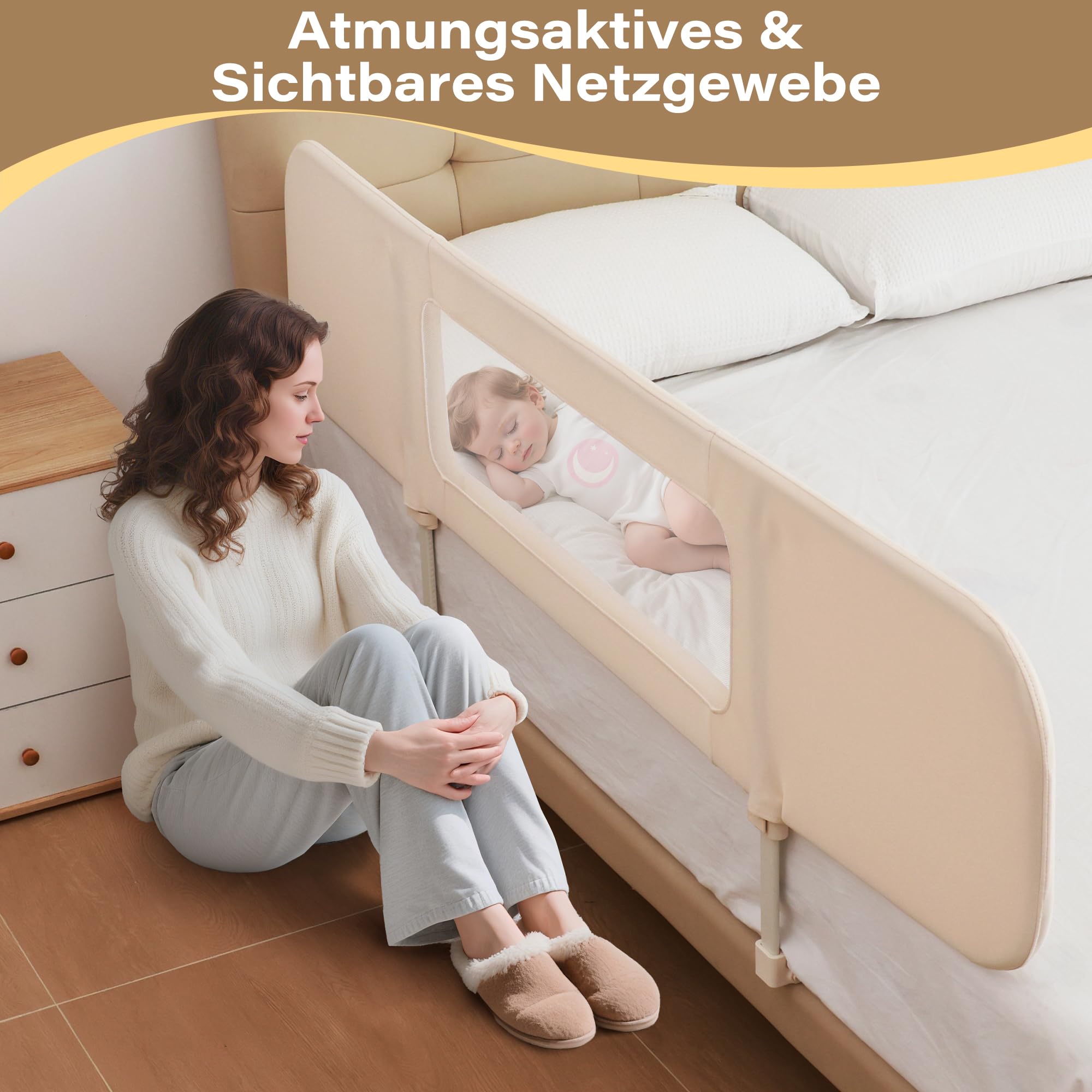 Rausfallschutz Bett Reise 185cm, 2-IN-1 Funktion als Baby Beistellbett und Bettgitter Baby, Rausfallschutz Bett Klappbar, Tragbar Bett Schutzgitter für Kinder, Kinderbettschutzgitter für Reisen- Creme