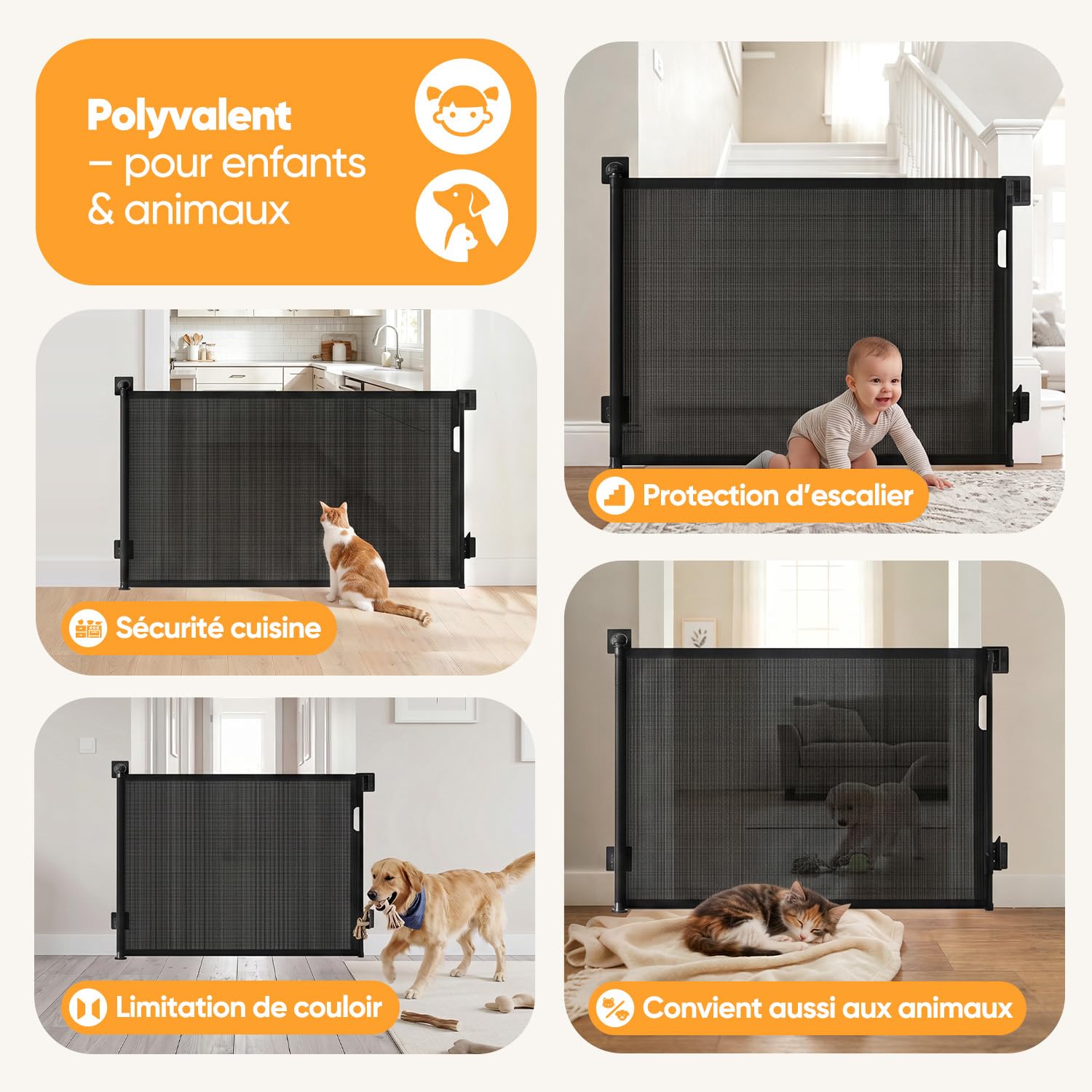 Sekey Barrière de sécurité Extensible 0-150 cm – Hauteur 97 cm, sans perçage + vis fournies | Barrière Enfant escamotable pour Porte, escalier, Chien