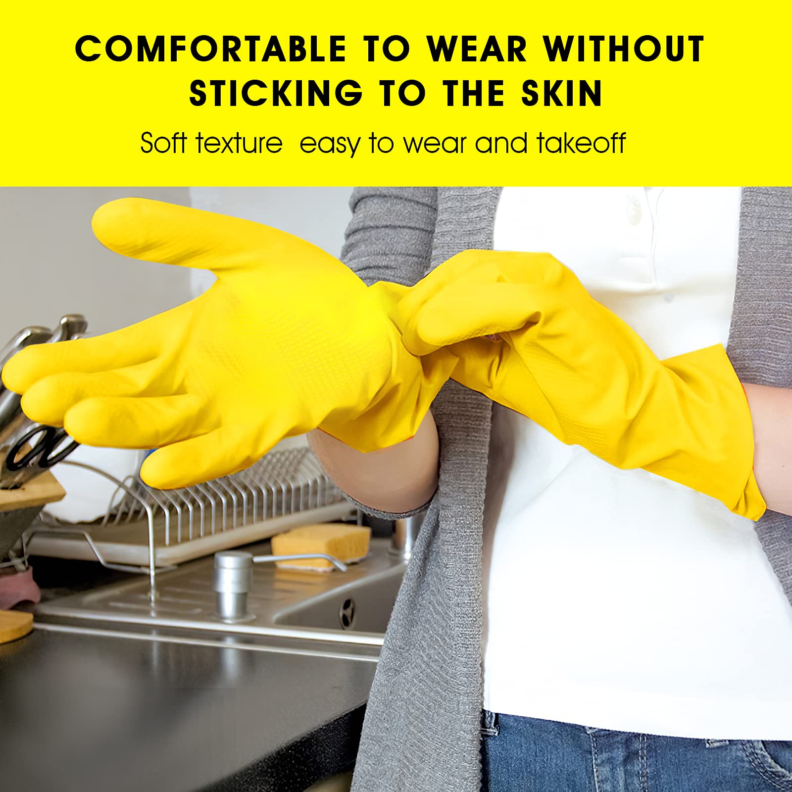 WLLHYF Lot de 2 paires de gants de nettoyage en caoutchouc réutilisables pour la vaisselle, gants de nettoyage en caoutchouc imperméables, gants de cuisine flexibles et durables