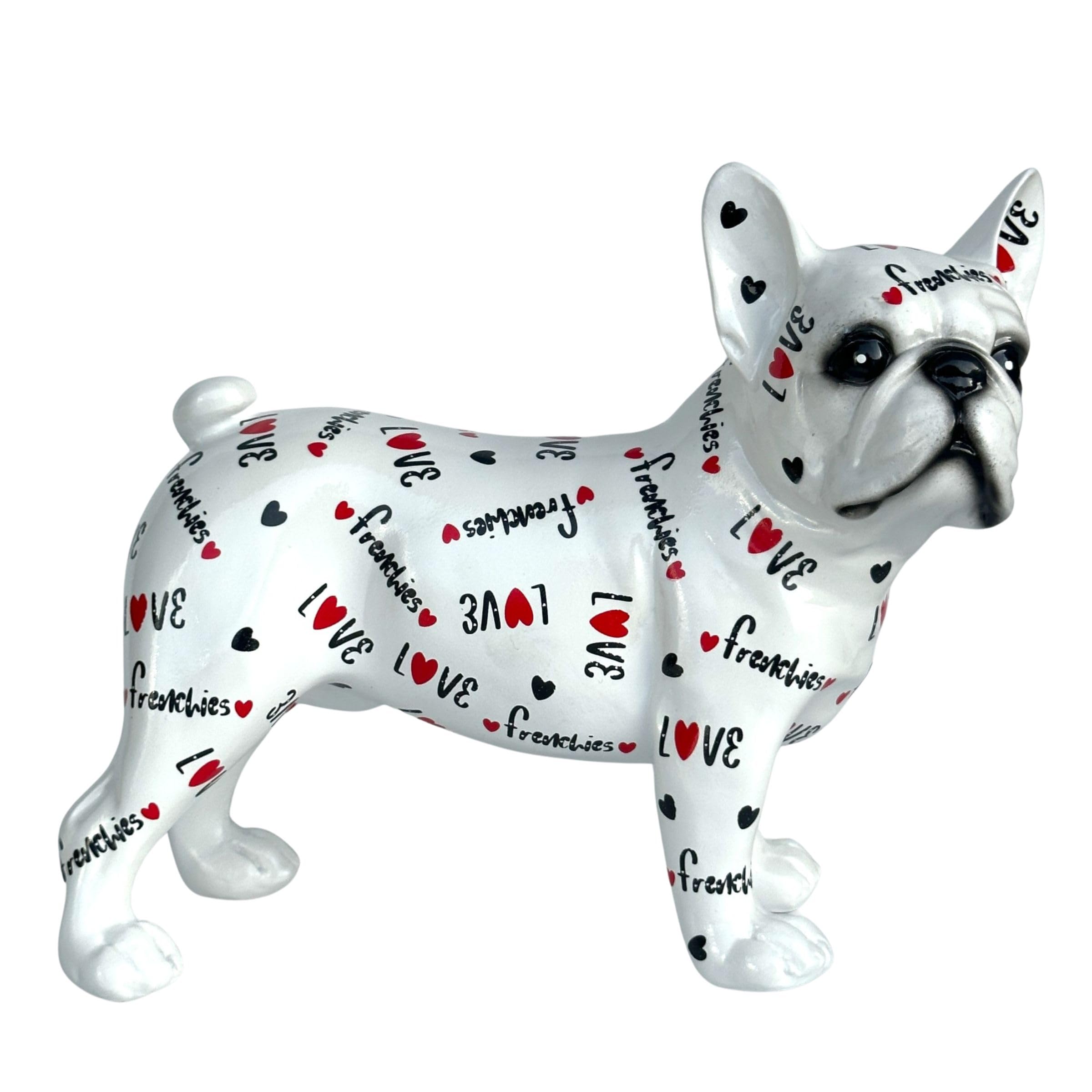 Animal Crackers LOVE DOGS French Bulldog figurine, glossy white finish with Love Frenchies wording & red hearts, novelty Dog lover gift or collectable, boxed, length 24cm