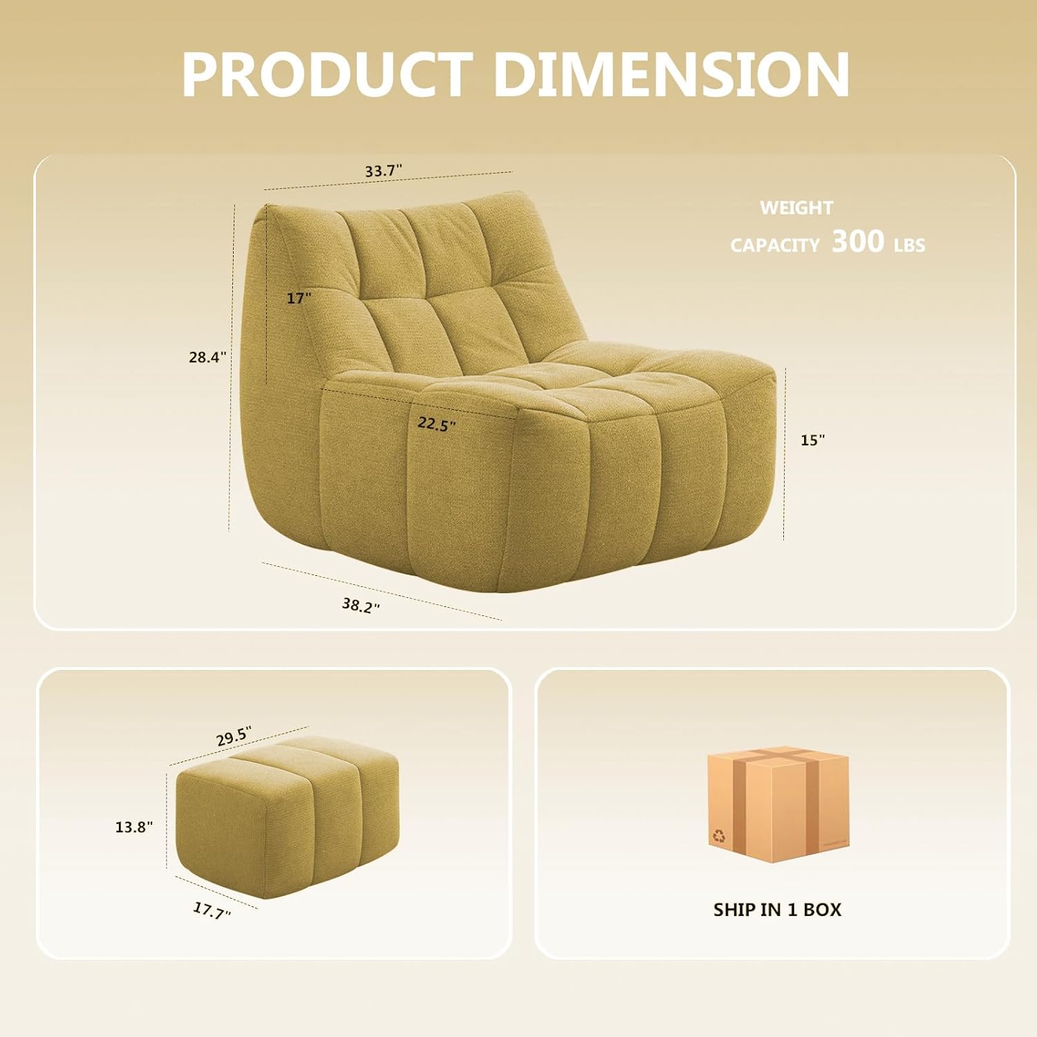 Comfy Lounge Chair with Ottoman, Single Seat Lazy Sofa Couch with High-Rebound Memory Foam, Cozy Bean Bag Chair for Bedroom, Living Room, Office (Yellow)