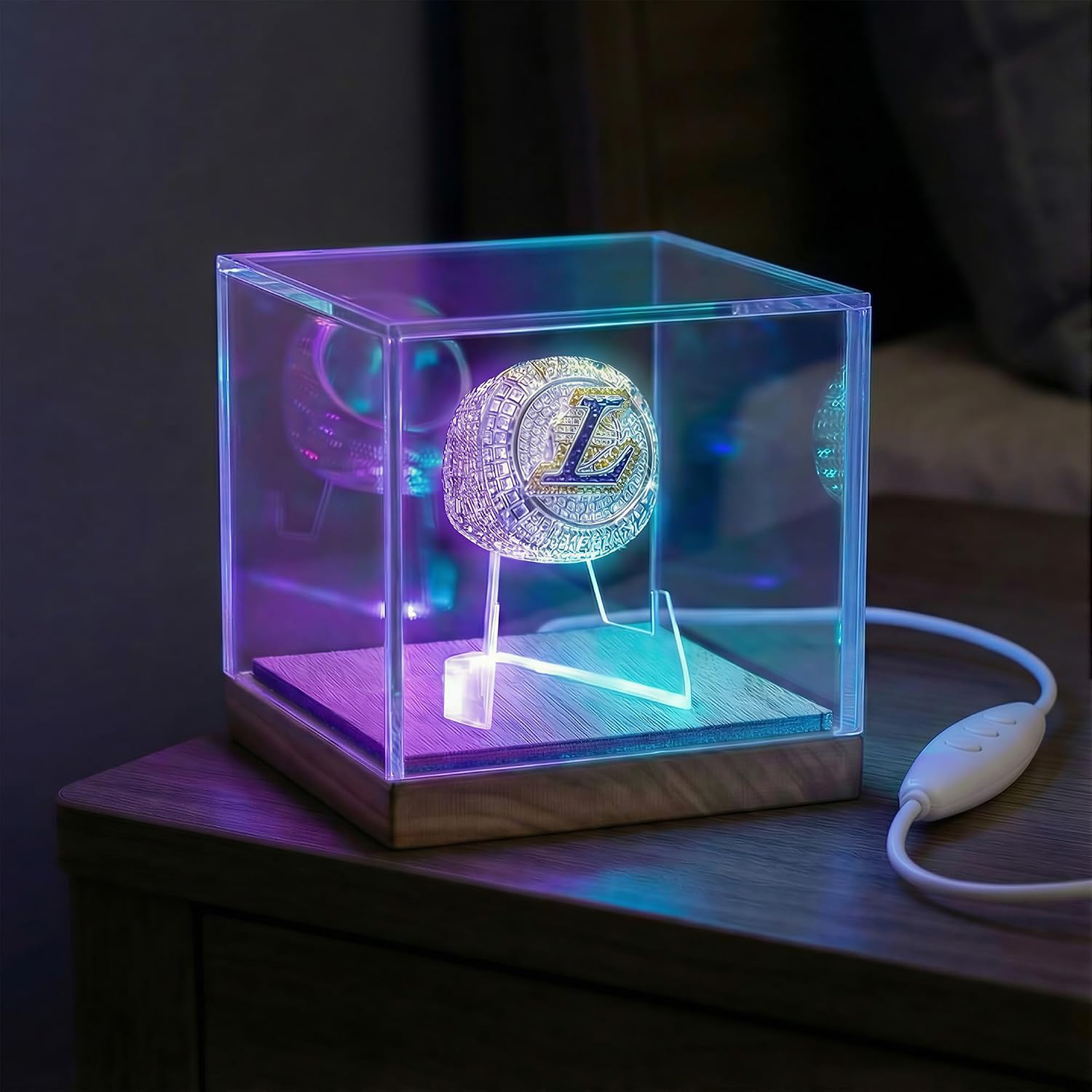 Championship Ring Display Case with LED Light, 4 Lighting Models | 7 Color Light Up Ring Holder, UV Protected Display Case, Wood Base & Clear Acrylic Cover, Ring Display Box for Memorabilia