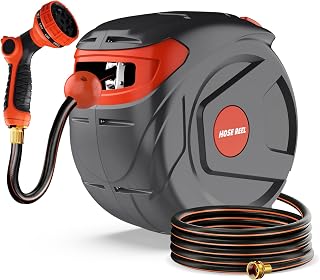 Retractable Garden Hose Reel 100 FT 1/2 Inch Wall-Mounted 180° Swivel 9-Patern Nozzle Automatic Slow Return Any Length Lock Hose Reels for Homeowners Garden Farm