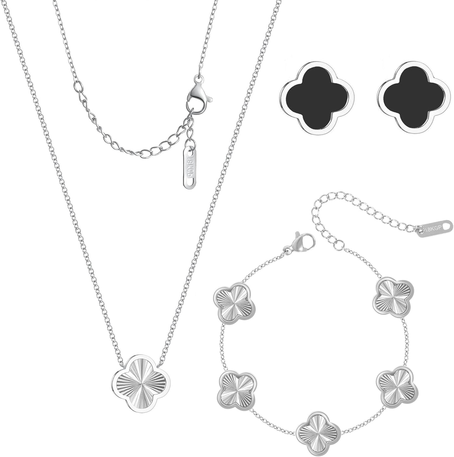 3 PC Set 18K Gold Plated Clover Necklace Bracelets Earrings Dainty Four Leaf Clover Bracelets For Women Clover Earrings Birthday Christmas Day Gift