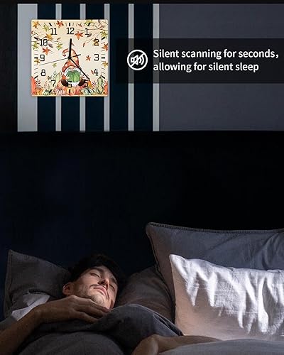 Miniatura 6 de Thanksgiving Wooden Wall Clock Silent Non Ticking, Fall Green Pumpkins Gnomes Maple Tree Leaves Square Wall Clock Battery Operated, Decor Clock for