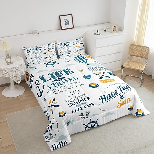 Miniatura 3 de Erosebridal Juego de edredón náutico tamaño King, juego de ropa de cama con brújula de ancla para niños, niñas, adolescentes, adultos, edredón de