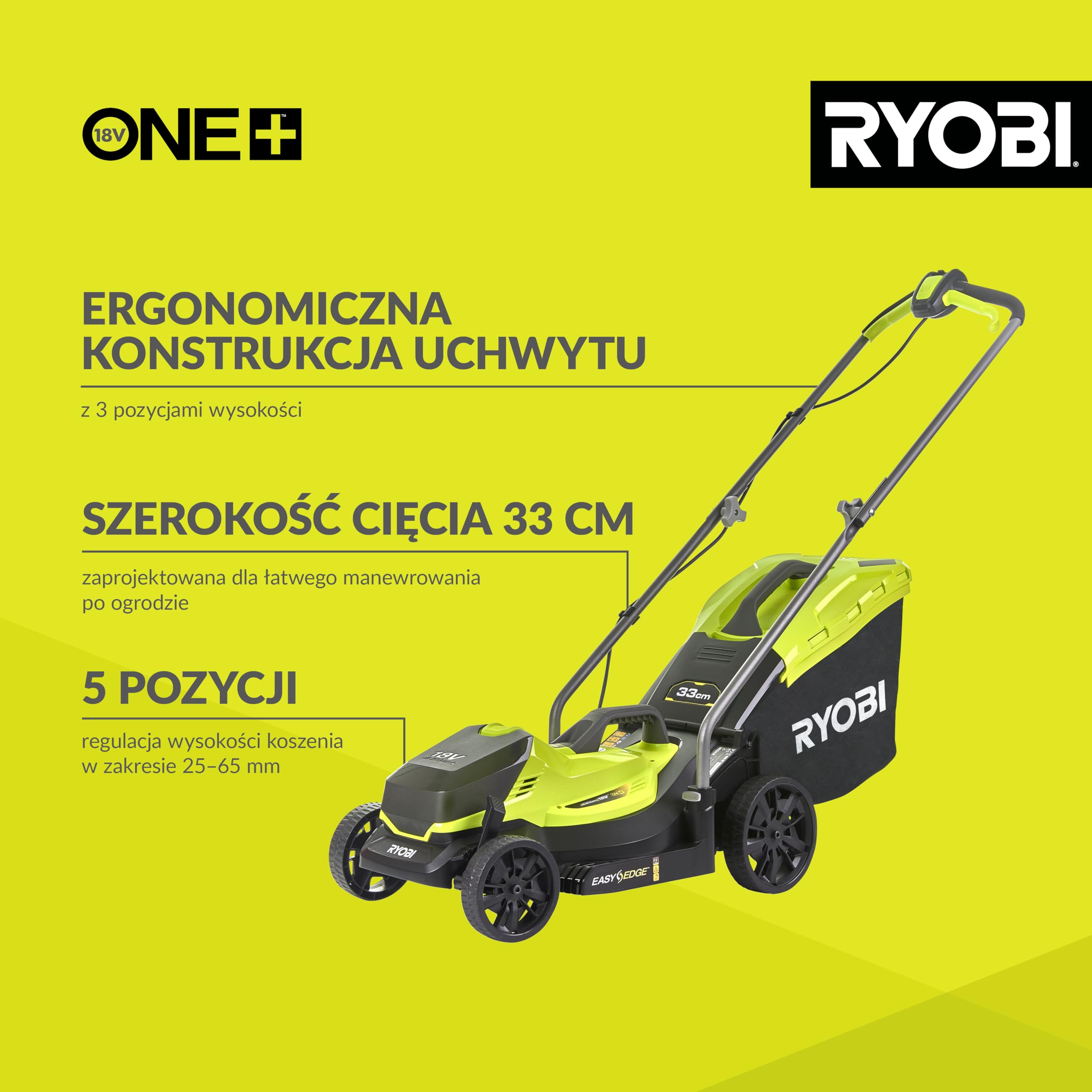 Ryobi Bezprzewodowa Kosiarka 18 V, OLM1833B, Szerokość Koszenia 33 cm, 5-Stopniowa Regulacja Wysokości Koszenia, od 25 mm do 65 mm, Kosz na Trawę 35 L, Wersja bez Akumulatora i Ładowarki