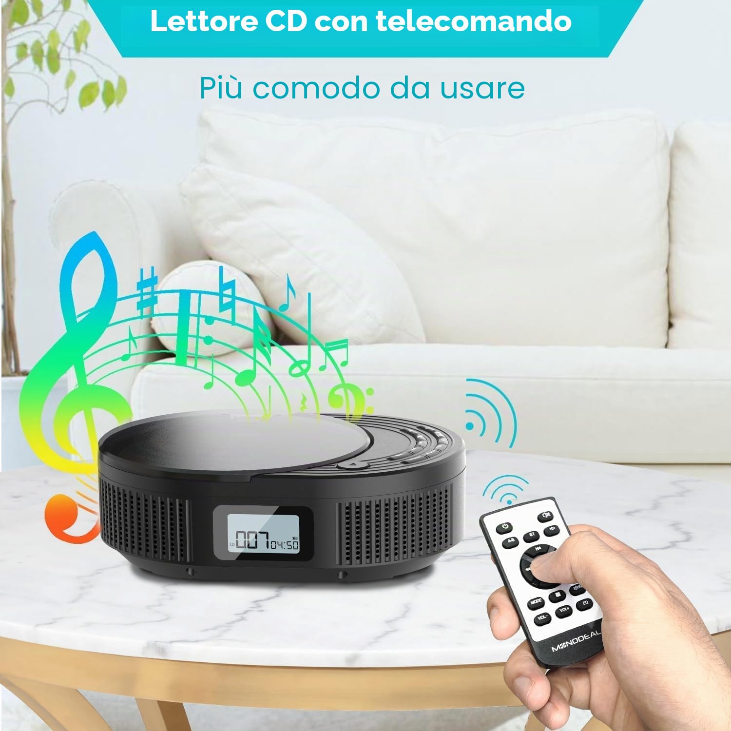 MONODEAL Lettore CD Bluetooth e radio FM 2 in 1, ricaricabile, lettore CD portatile con altoparlante, supporto AUX/USB, nero