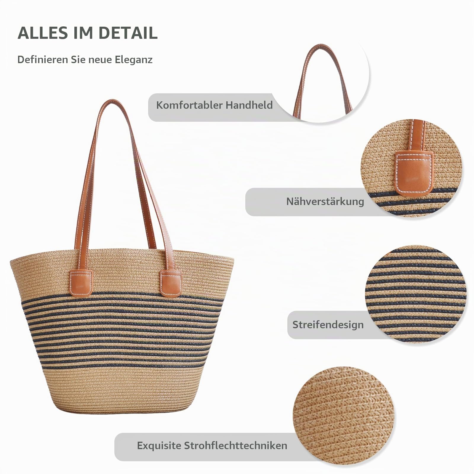 NICOLE & DORIS Stroh Handtasche Damen Strandtasche Groß Shopper Schultertasche Sommer Strandtasche Tote Bag Basttasche Gewebt Einkaufstasche für Strand Reise Coarse Stripes