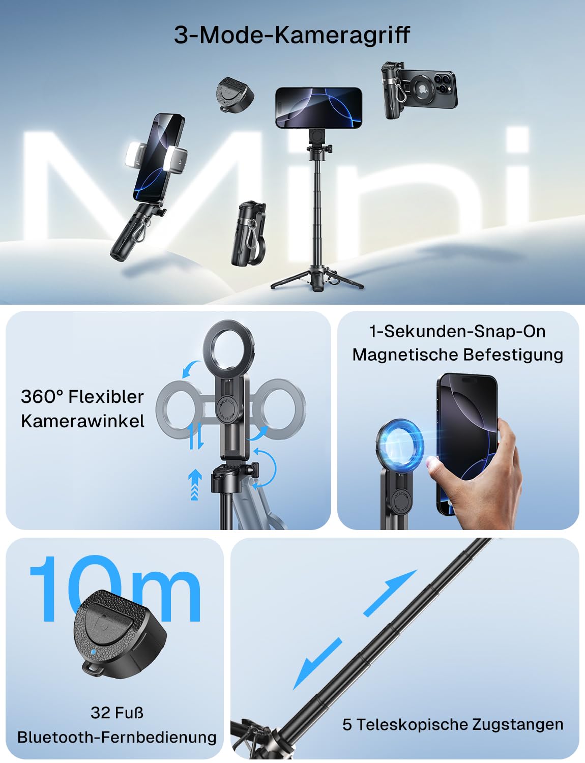 MAGIC JOHN für 36cm Magnetisches Selfie Stick, Selfiestick Klein mit Fülllicht, Bluetooth Handy Stativ mit Abnehmbarer Fernbedienung Kompatibel für iPhone, Samsung und Smartphones