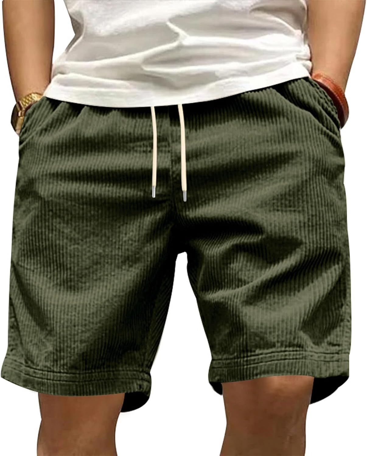 Corduroy Shorts for Men Lightweight Summer Casual Classic Solid Color Drawstring Waisted Bermuda Shorts with Pockets